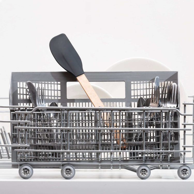 Epicurean Silicone Series Natural/Black Large Spatula sitting in a dishwasher silverware basket
