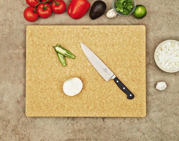 Epicurean Big Block Series Natural with sliced vegetables using a Victorinox Grand Maître Chef's Knife 